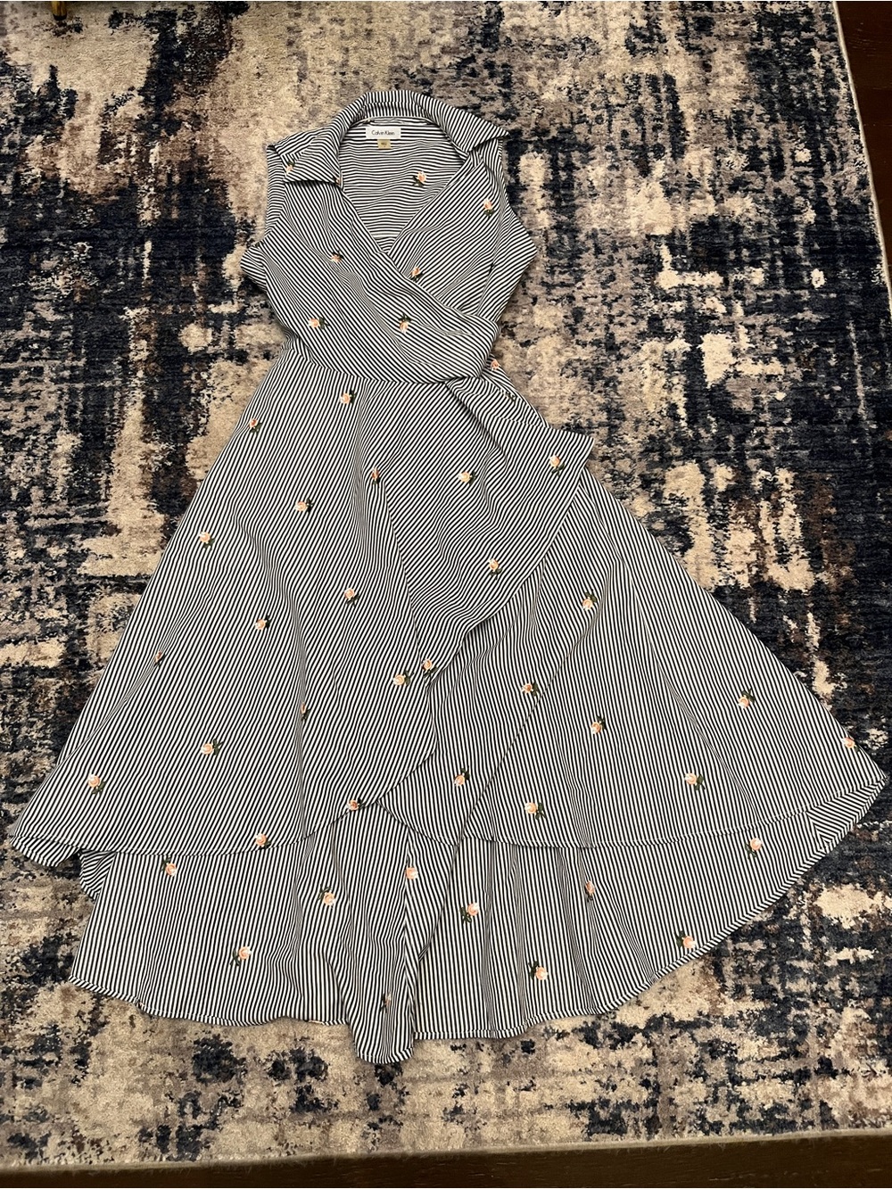 Striped Floral Wrap Hi-Lo Dress - Blue/White